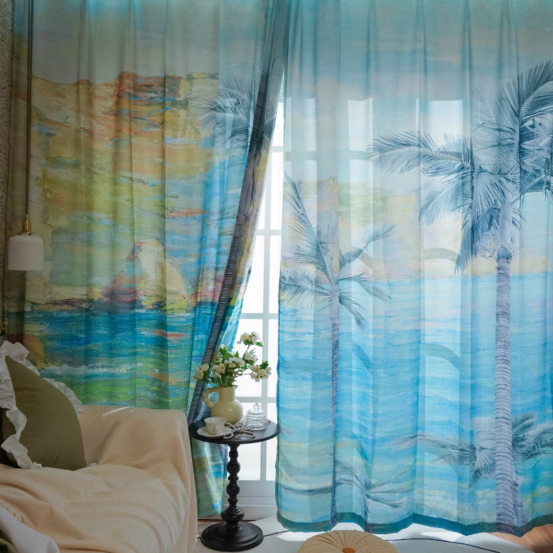 沙滩海岛图案窗帘现代简约客厅卧室免打孔罗马杆挂钩椰子树ins