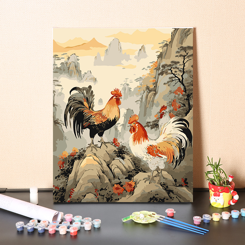 数字油画diy手工填充中国风高山上2只大公鸡填色手绘涂色油彩画画
