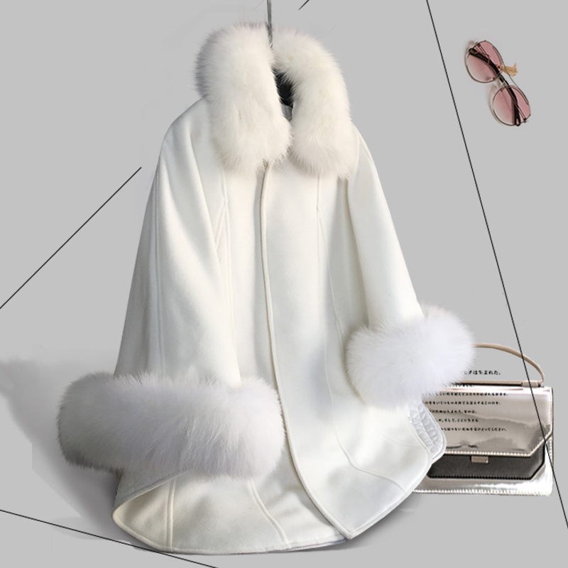 【品牌热卖】新品女装冬季韩版中长款呢大衣狐狸毛领斗篷呢外套潮