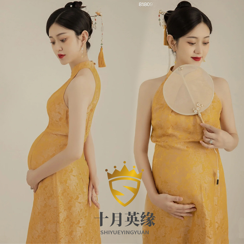 孕妇照服装影楼复古黄色旗袍中国风中式孕妈咪艺术照写真拍照衣服