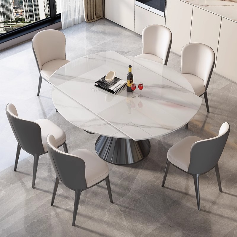拉芙菲岩板餐桌家用轻奢现代简约高端2024新款圆形伸缩餐桌椅组合