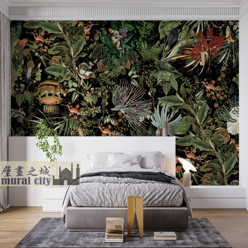 黑暗森林油画壁纸热带雨林动物墙布简约丛林高级感墙纸背景壁画布