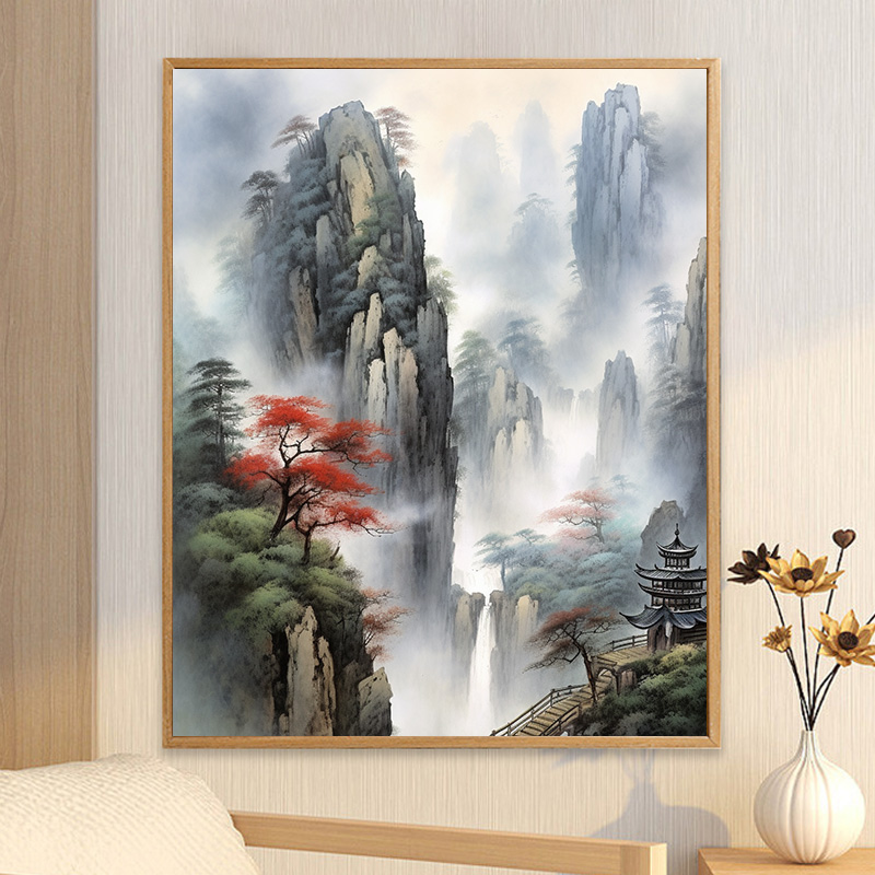 中式古典水墨山水画画填色diy数字油画手绘高级丙烯油彩涂色填充