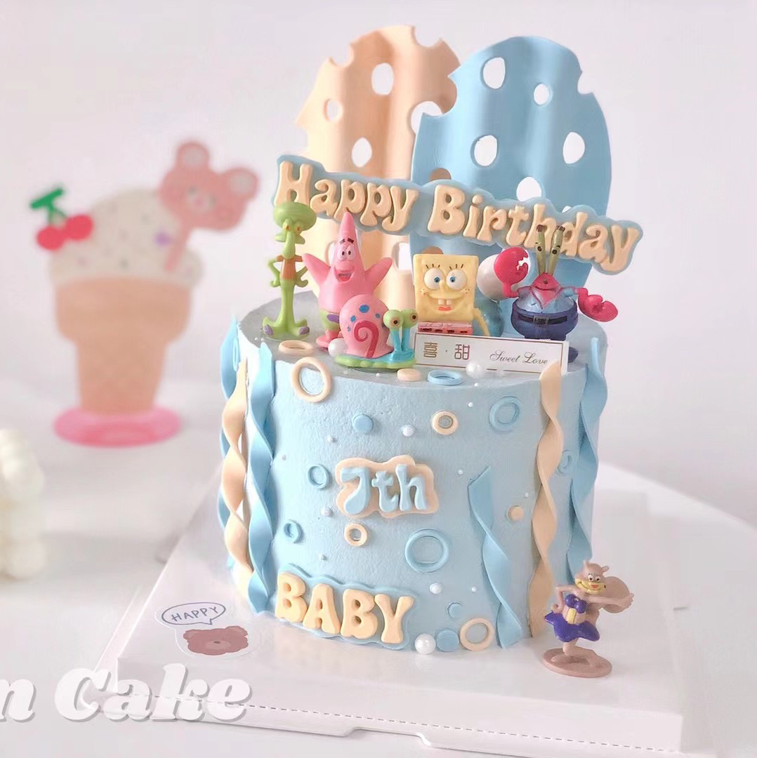 烘焙蛋糕装饰海绵宝宝玻璃罩球章鱼哥海洋动物摆件生日派大星蛋糕