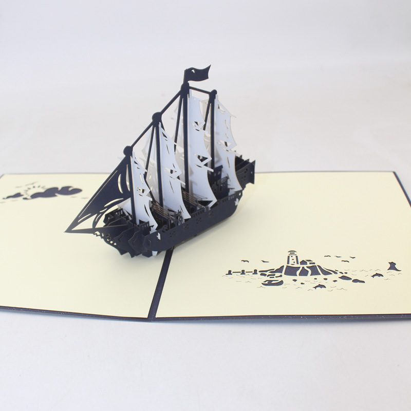 复古帆船白蓝创意3D立体贺卡手工剪纸制作商务广告祝福生日礼物