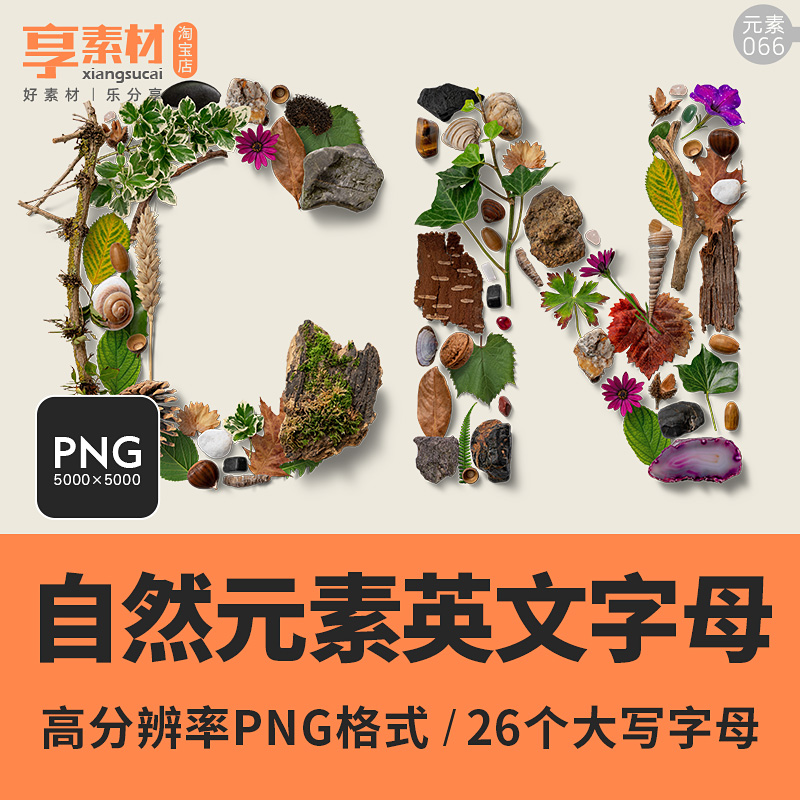 PNG英文字母图标素材植物树叶皮石木头花朵自然元素拼合组成字体