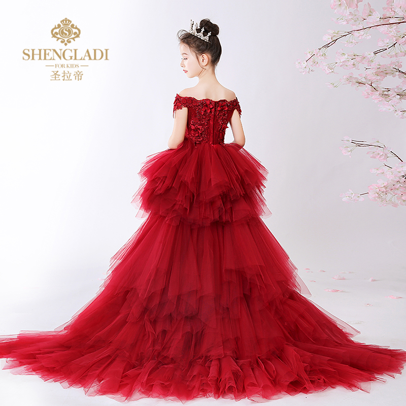 儿童拖尾礼服公主裙蓬蓬纱洋气女童红色模特走秀晚礼服钢琴表演服