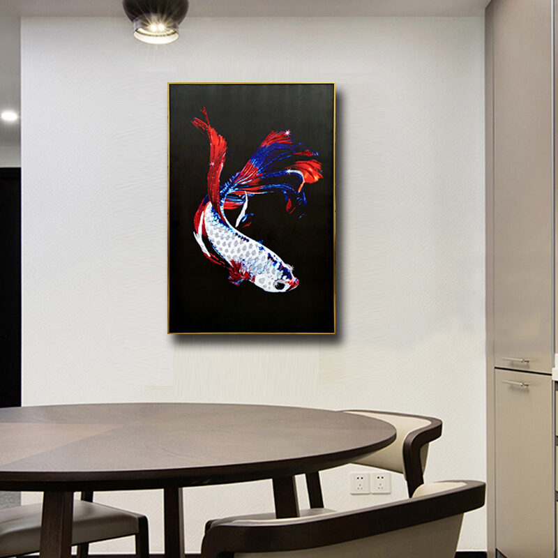 现代简约新中式创意抽象动物金鱼装饰画纯手工钻画客厅别墅挂画