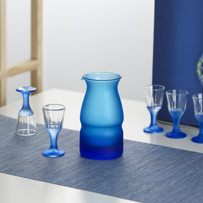 新品中式蓝色系列白酒杯分酒器套装家用水晶玻璃高档小酒盅酒具一