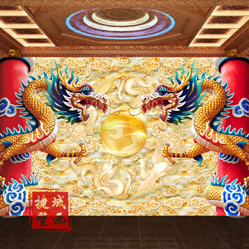 佛堂寺庙背景墙纸浮雕中国复古龙古典龙纹柱子壁画酒店祥云壁纸
