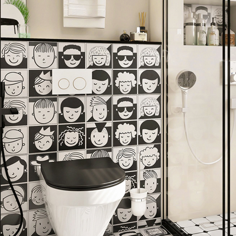 全瓷北欧黑白漫画卡通人物人头脸卫生间浴室幼儿园300创意小花砖