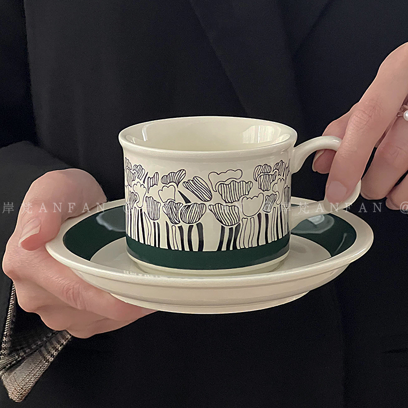 岸梵*复古花卉郁金香花丛咖啡杯碟精致下午茶陶瓷杯早餐杯牛奶杯