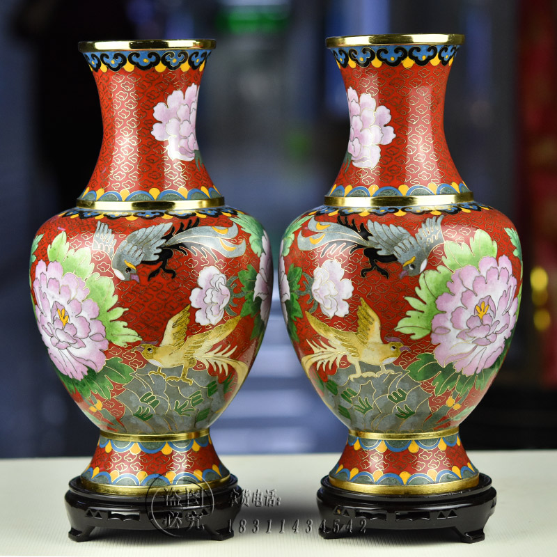 正宗北京景泰蓝花瓶12寸周器磊红底富贵牡丹铜胎掐丝珐琅手工艺品