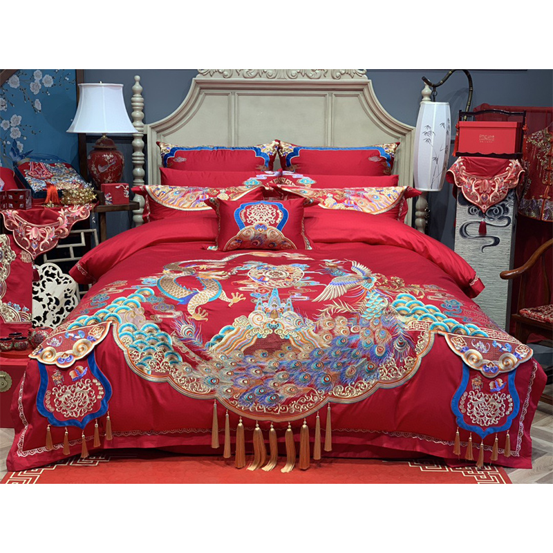 大红色结婚床上用品新婚四件套奢华中式十件套刺绣婚庆床盖式被套