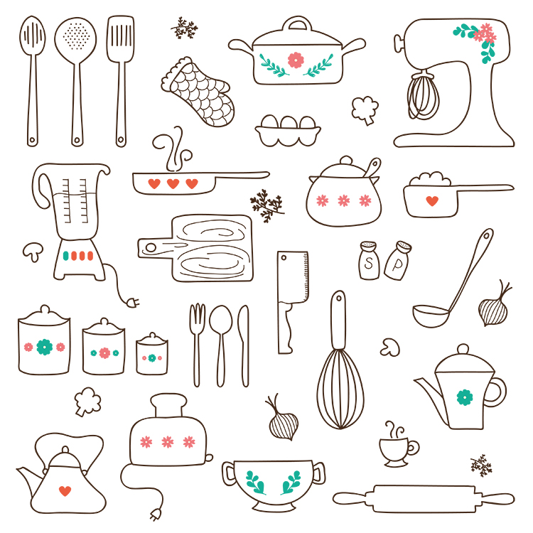 线描厨具图标 可爱手绘厨房用具线稿图元素 AI格式矢量设计素材