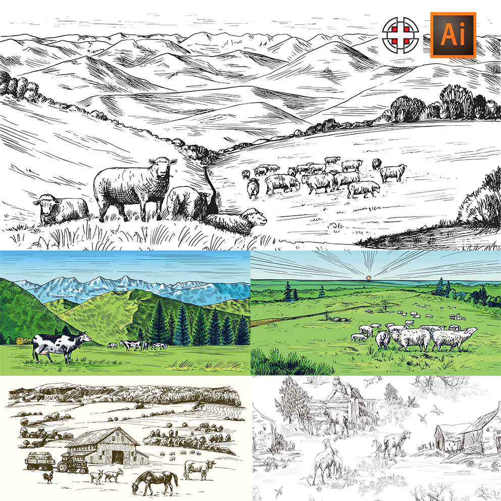 手绘素描草图羊群牛马草原山脉农场插画AI矢量设计素材