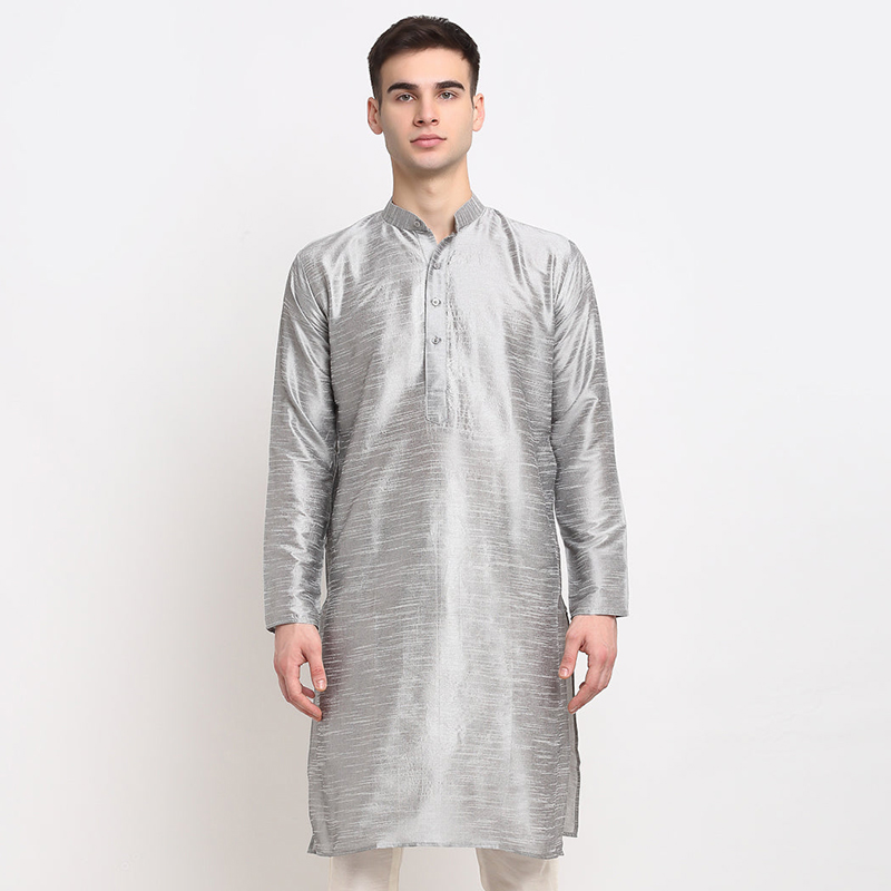 印度传统男装丝绵巴袍服饰中长款薄款宽松长袖男士 银灰色上衣