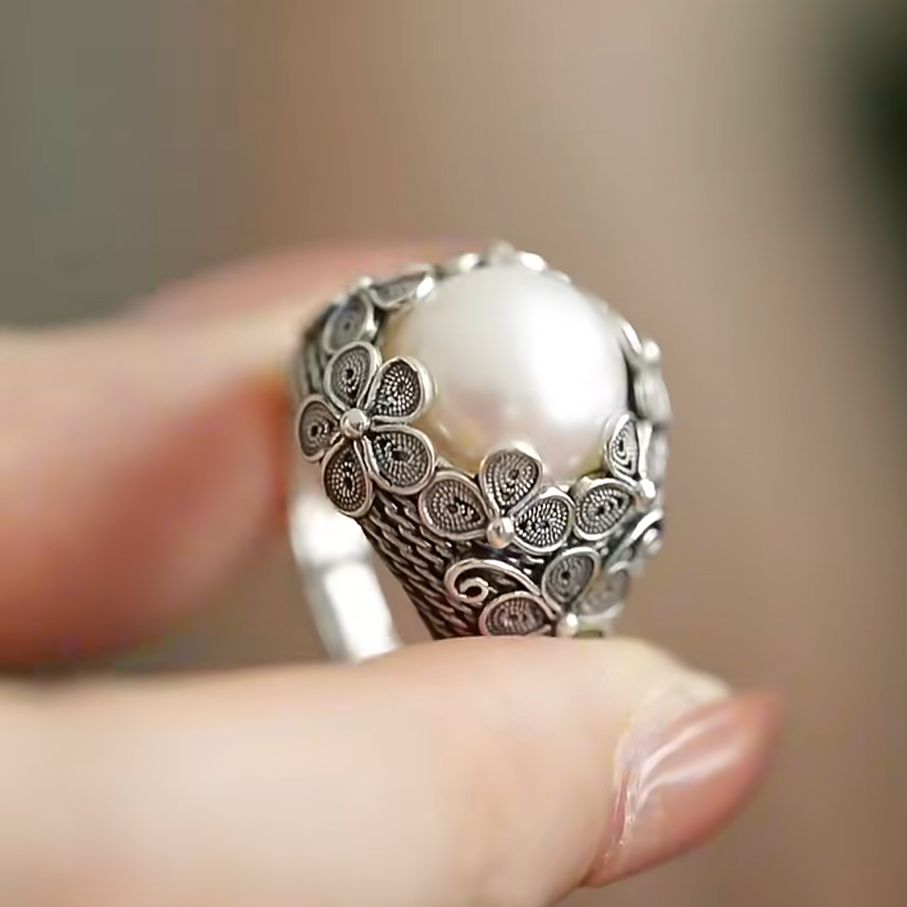 S925银花丝镶嵌戒指女复古做旧国潮花朵气质文艺范轻奢高级感开口
