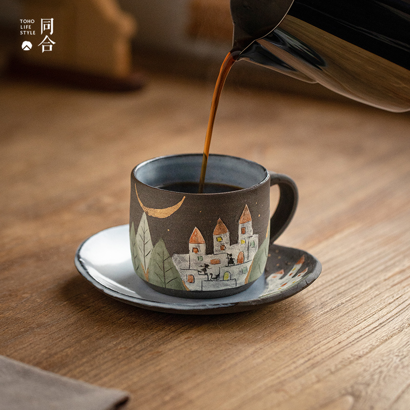 同合日本进口笠间烧作家樫村恭子手作城堡马克杯手绘咖啡套杯茶杯