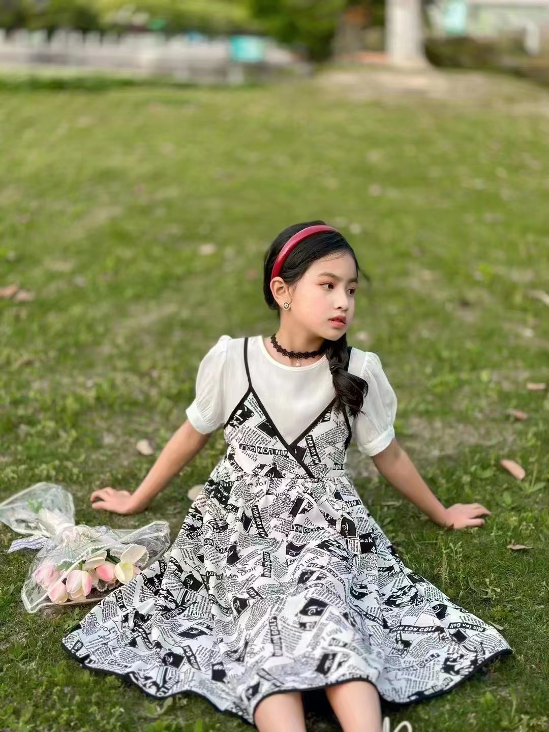 女孩子大童装儿童夏天韩版假两件吊带青少年时尚报纸雪纺连衣裙子