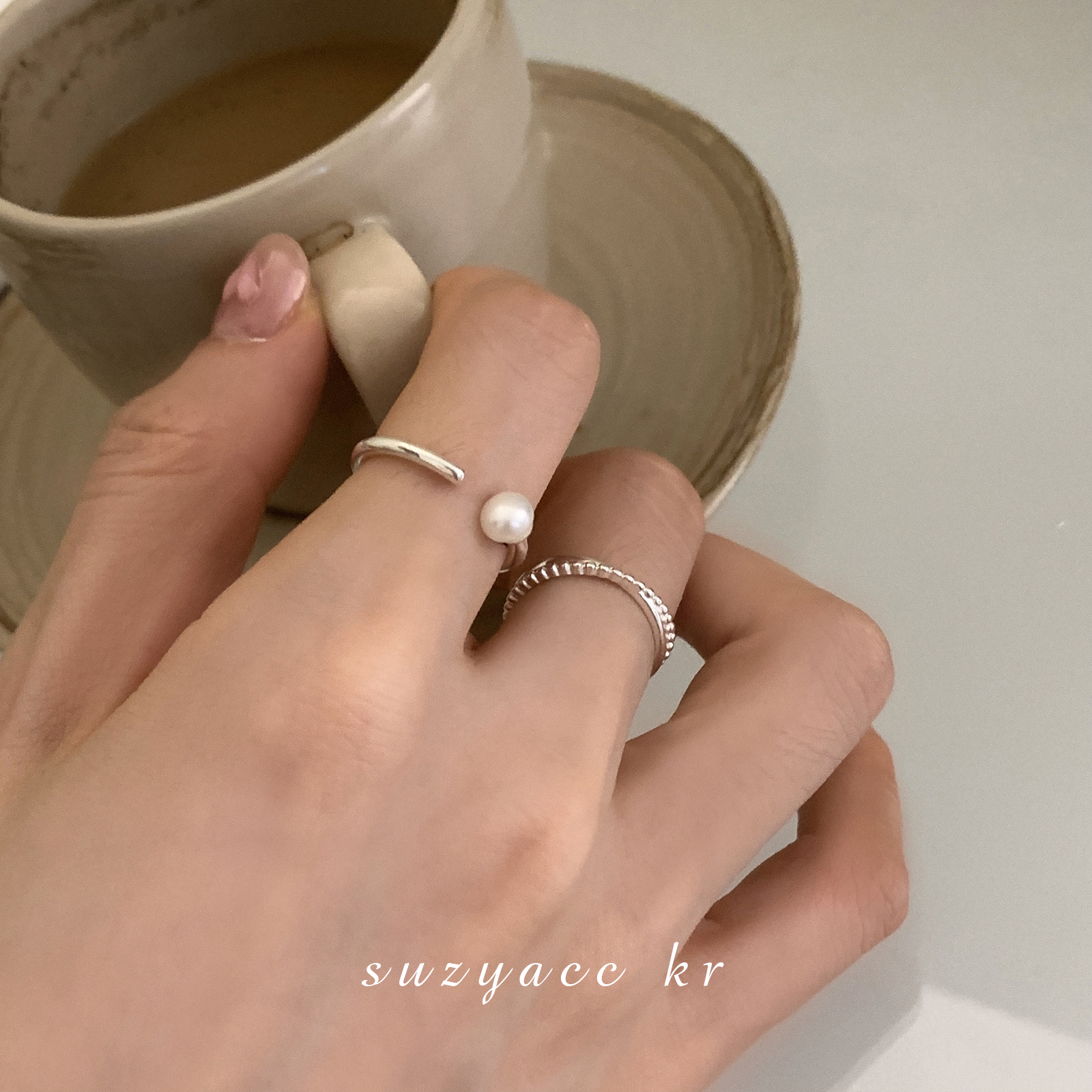 suzyacc kr极简纯银珍珠开口细戒时尚个性食指戒ins小众设计戒指