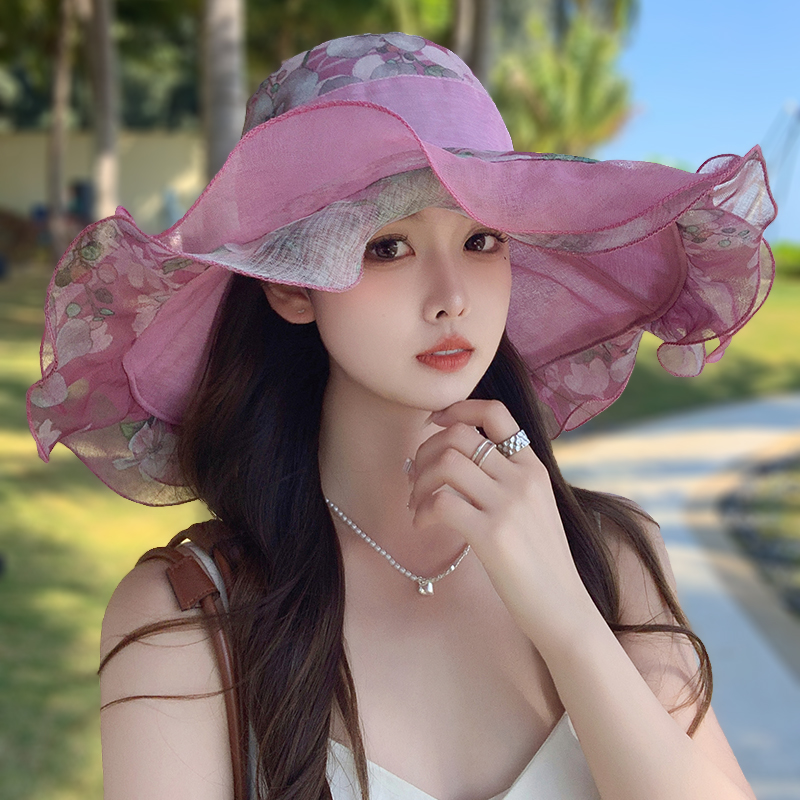 太阳帽子女夏可折叠遮阳防晒帽大檐防紫外线户外出游碎花朵沙滩帽