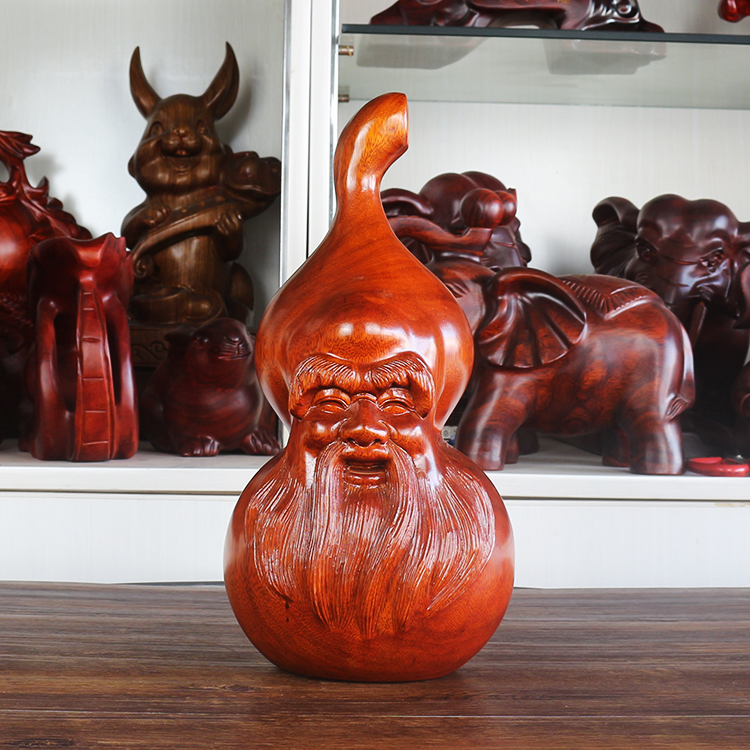 红木葫芦福禄有余实木雕刻寿星摆件木质祝寿老人长寿客厅摆设
