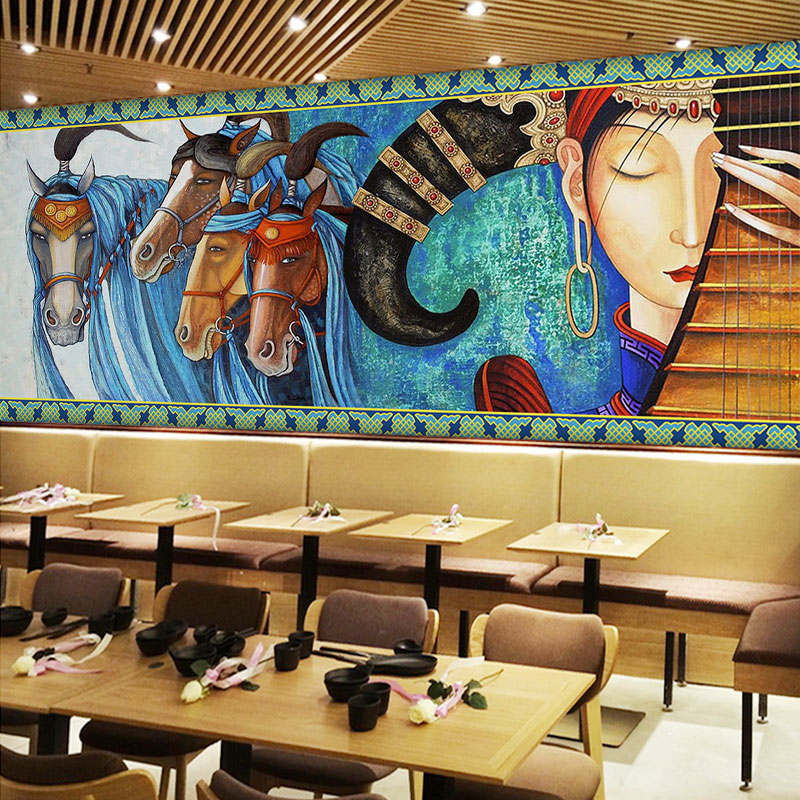 速发民族特色背景墙壁纸蒙古元素手绘少女艺术壁画餐厅酒店装修墙