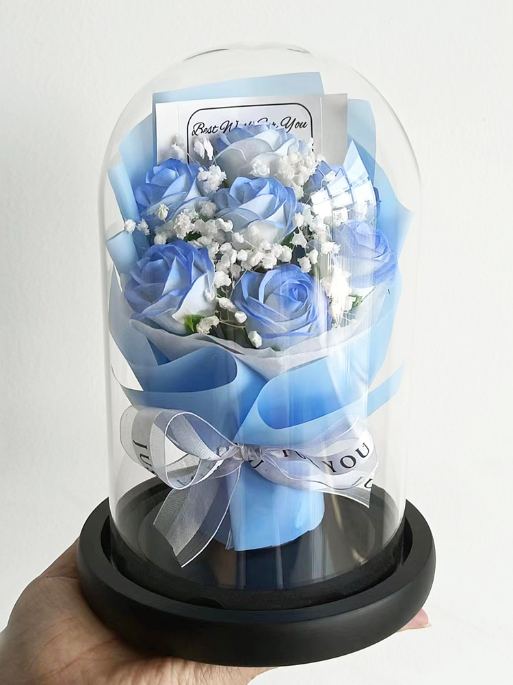 永不凋谢的玫瑰碎冰蓝香皂花束玻璃罩摆件干花向日葵女友生日礼物