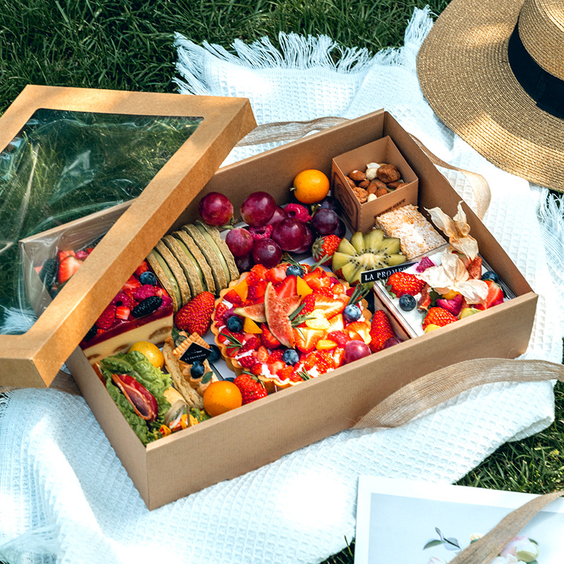 野餐水果礼盒一次性盒子甜品打包盒露营果盘果切纸盒牛皮纸长方形