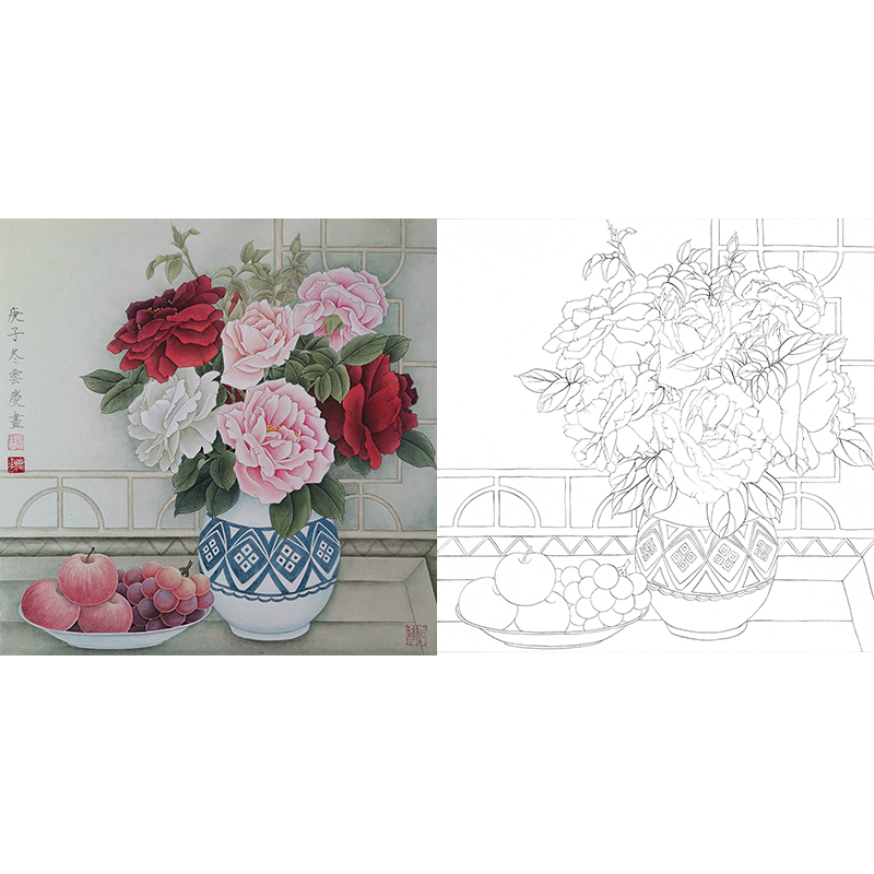 工笔画白描底稿陶瓷花瓶苹果临胡云庆国画牡丹线描过稿透稿打印稿