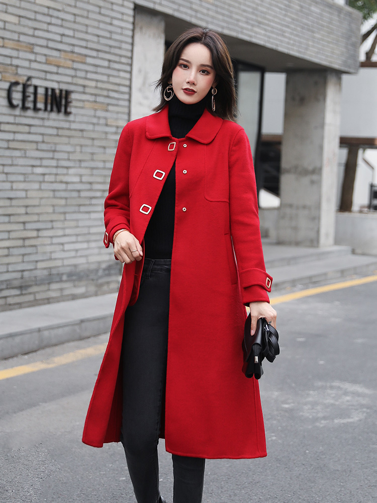 羊绒大衣女中长款韩版2022冬季新款小香风羊毛双面大红色毛呢外套