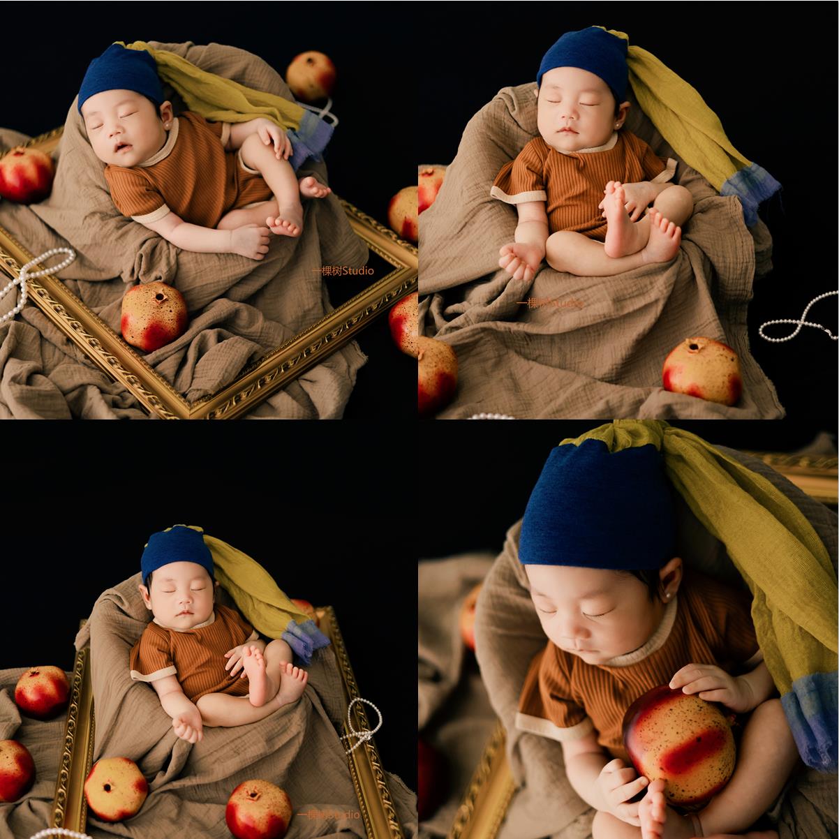 戴珍珠耳环的少女新生儿摄影道具珍珠少女拍照主题宝宝拍照小画框