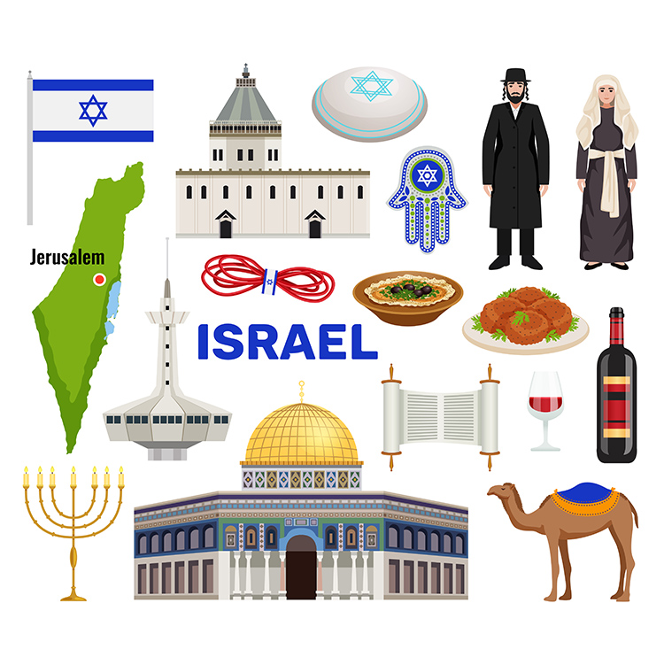 以色列旅游风情 国旗景点民族文化特色图标 AI格式矢量设计素材