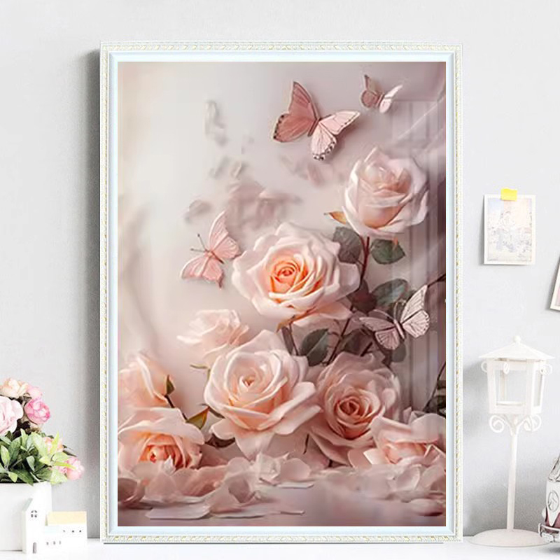 北欧现代粉色月季花客厅卧室钻石画满钻全贴手工钻石秀蝴蝶玫瑰