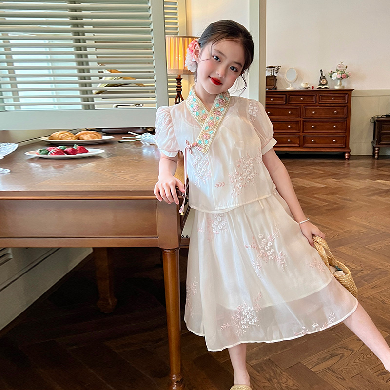 栀了成长记童装女童中国风套装裙夏季薄款儿童小女孩绣花衣服洋气