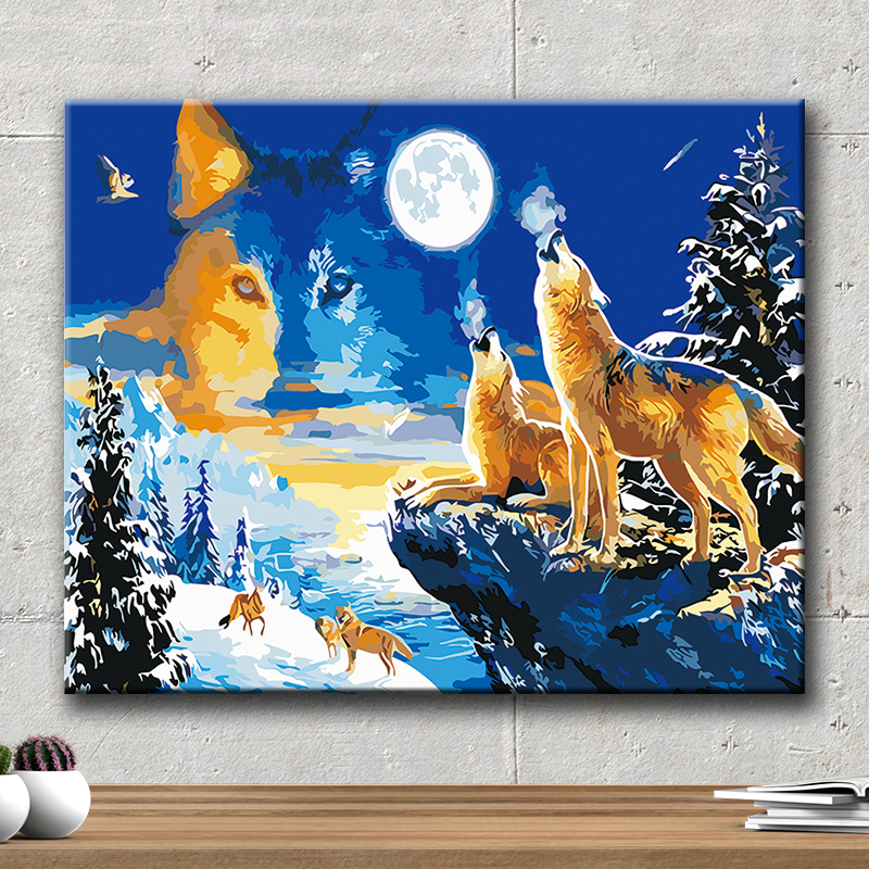 数字油画diy动物狼月光手工绘填色填充客厅卧室装饰油彩画