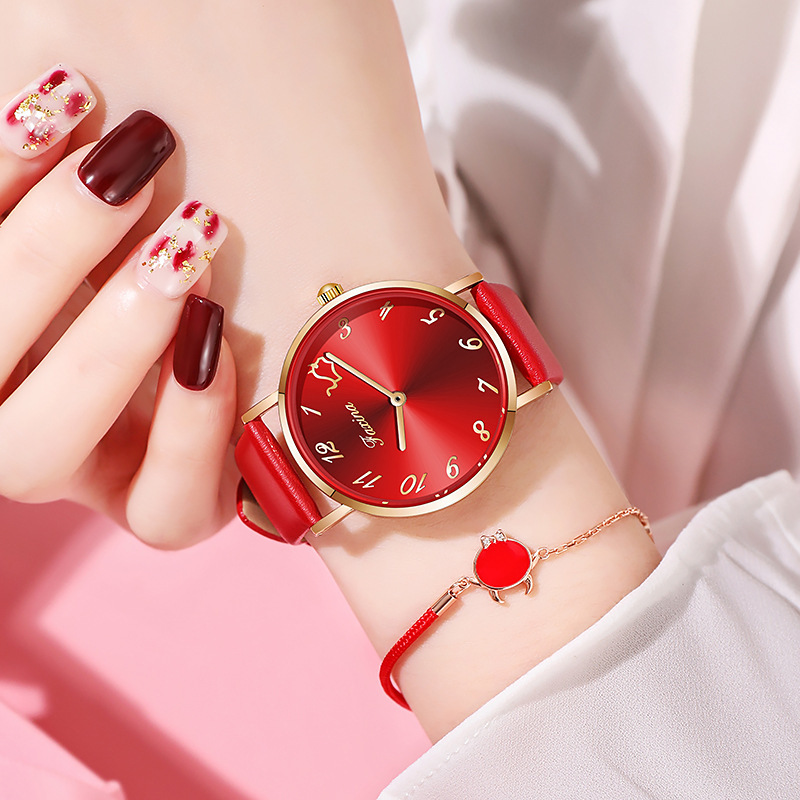 瑞士正品新款法茜娜2024红色本命年女士手表休闲皮带时装女表礼品