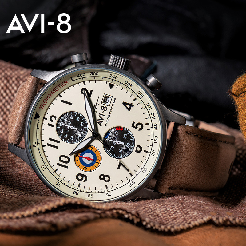 avi8飓风战机手表欧美进口英国防水皮带日历空军表男士表带石英表