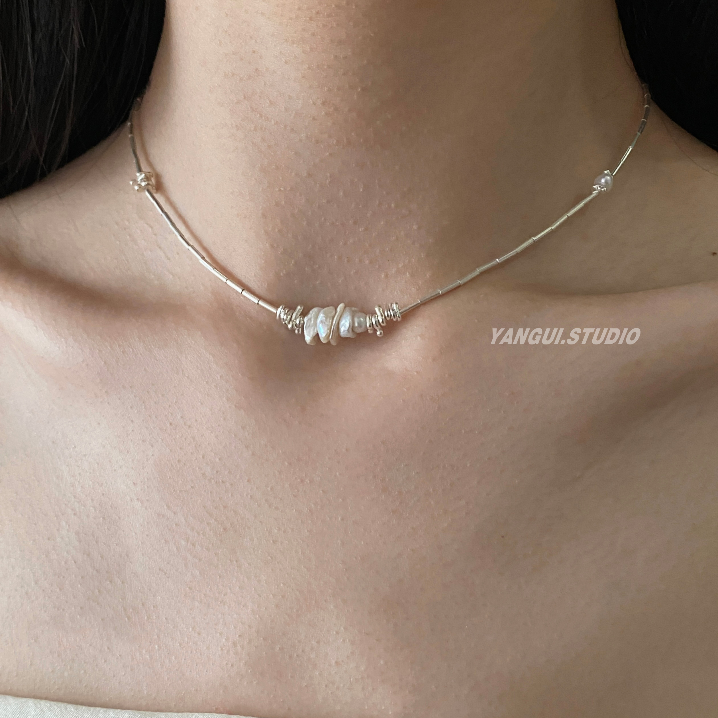 Yangui原创「满河」足银S990天然珍珠锁骨链简约轻奢小众设计项链