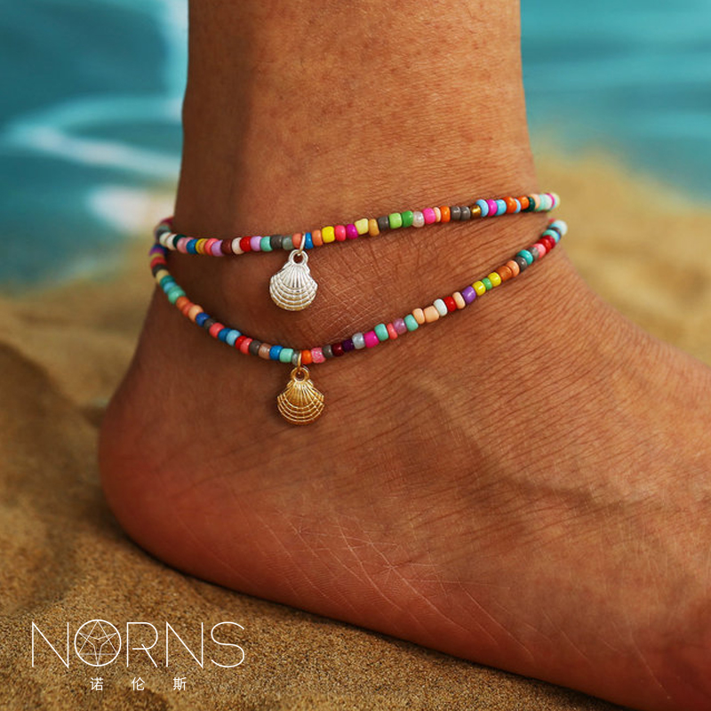 Norns手工穿线彩色米珠沙滩脚链女 夏威夷合金扇贝壳脚饰