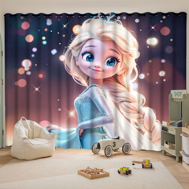迪士尼2023Q版艾莎公主遮光窗帘女孩儿童卧室可爱卡通防晒隔热帘