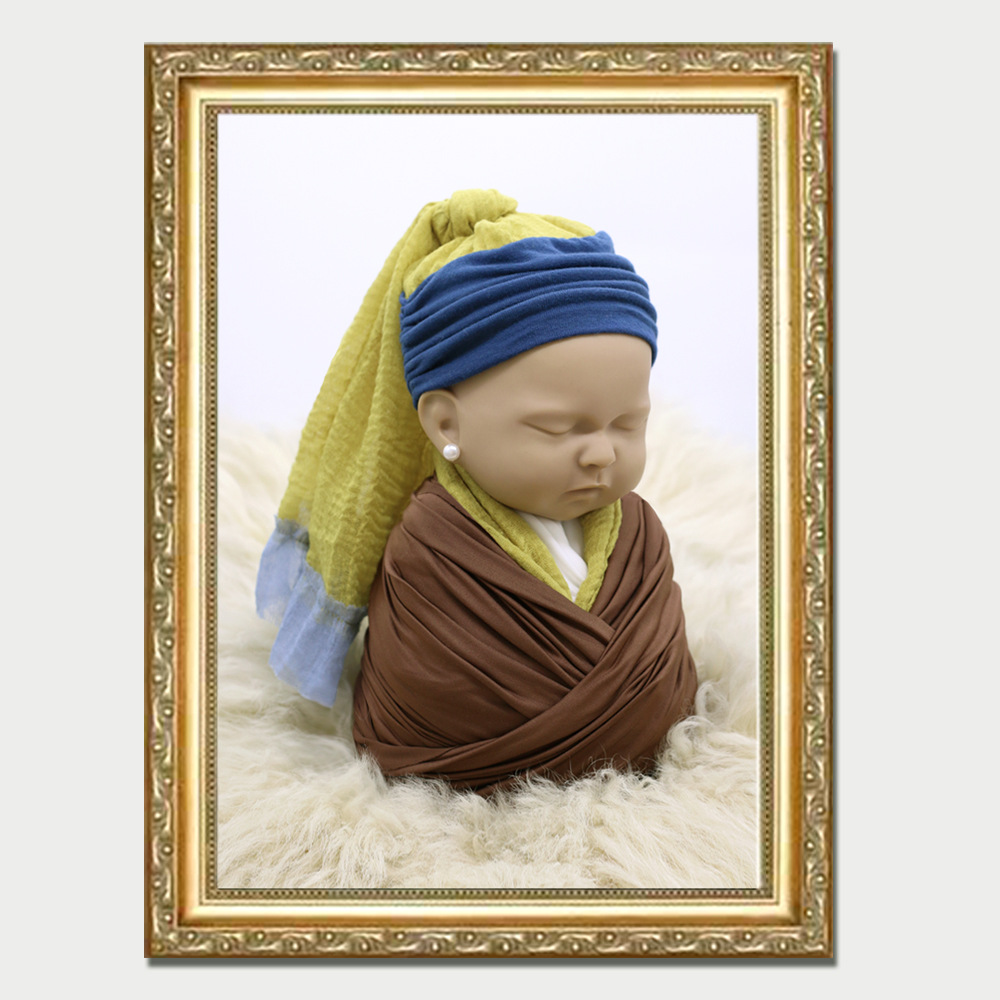 新生儿摄影道具戴珍珠耳环的少女头巾帽子裹布宝宝婴儿月子照服装