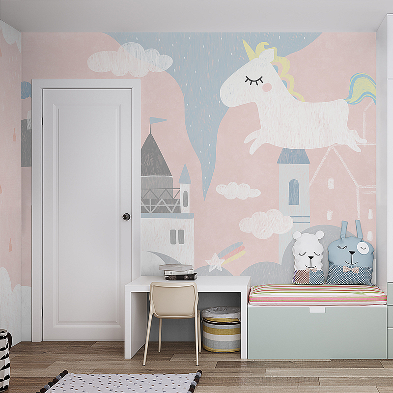粉色儿童房卧室壁纸壁布环保女孩公主房儿童乐园卡通主题墙纸墙布