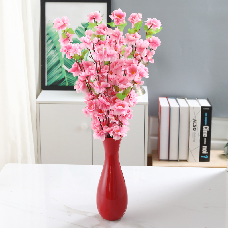 新中式结婚红色花瓶风水陶瓷摆件仿真桃花客厅卧室装饰品假花套装