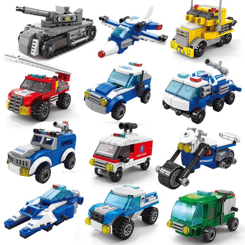 中国积木儿童变形机器人玩具益智拼装小学生消防车垃圾车救护车男
