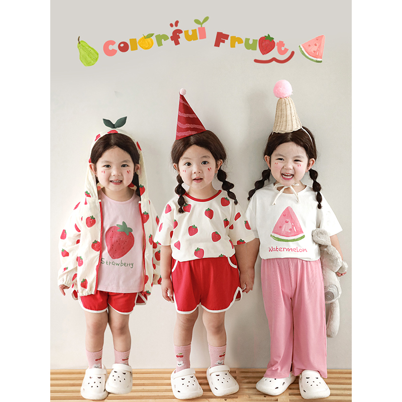 幼悠 女童红色草莓套装2024夏季新款宝宝可爱卡通水果外套T恤搭配