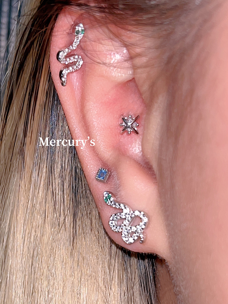 Mercurys绿眼灵蛇形纯银耳骨钉个性拧螺丝耳饰满钻耳钉小众s925银