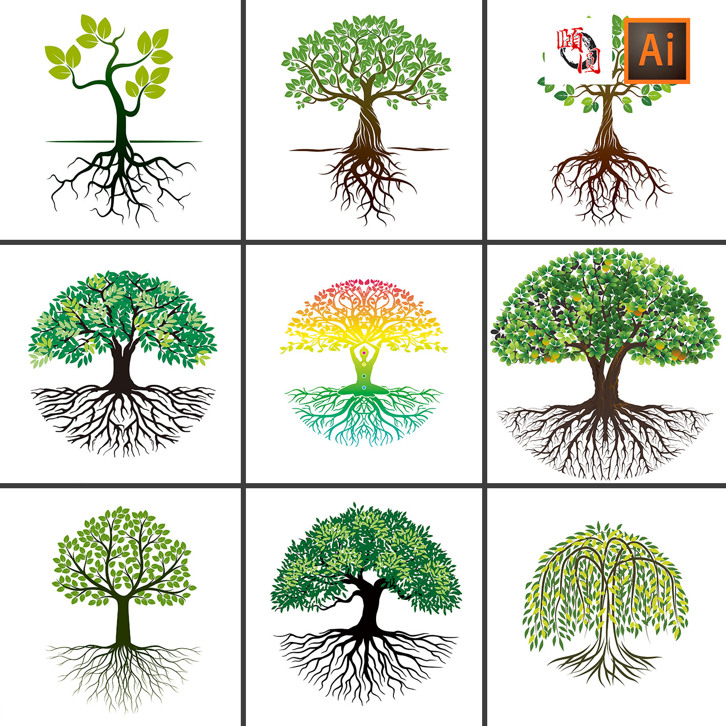 绿色生命大树树根树枝树木树苗插画元素LOGOAI矢量设计素材