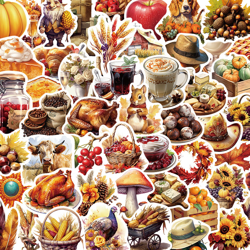 50张感恩节秋天丰收贴纸卡通涂鸦复古风食物饮品水果装饰防水贴纸